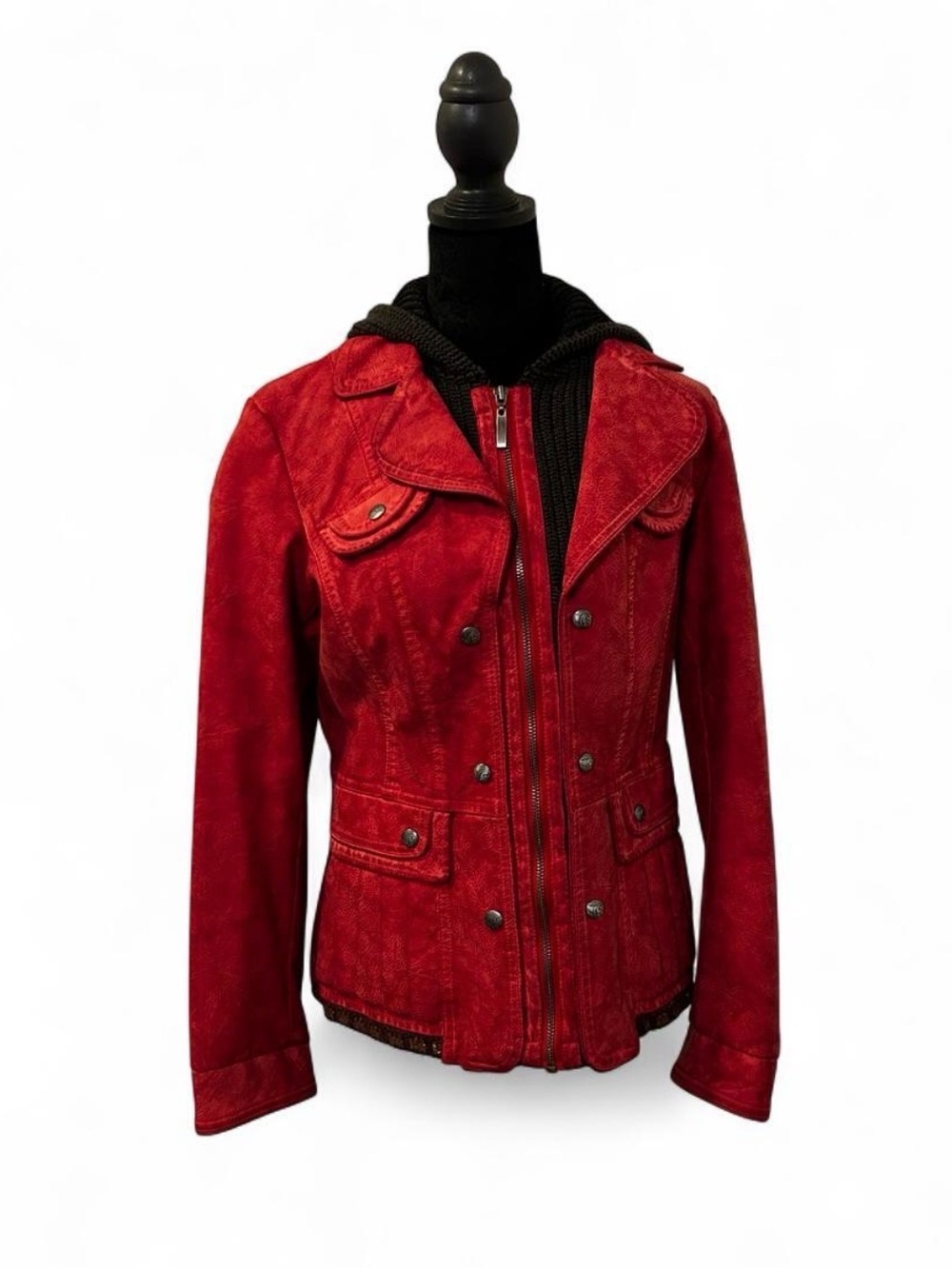 Red Double-Breasted Red Leather Jacket with Knit Hood